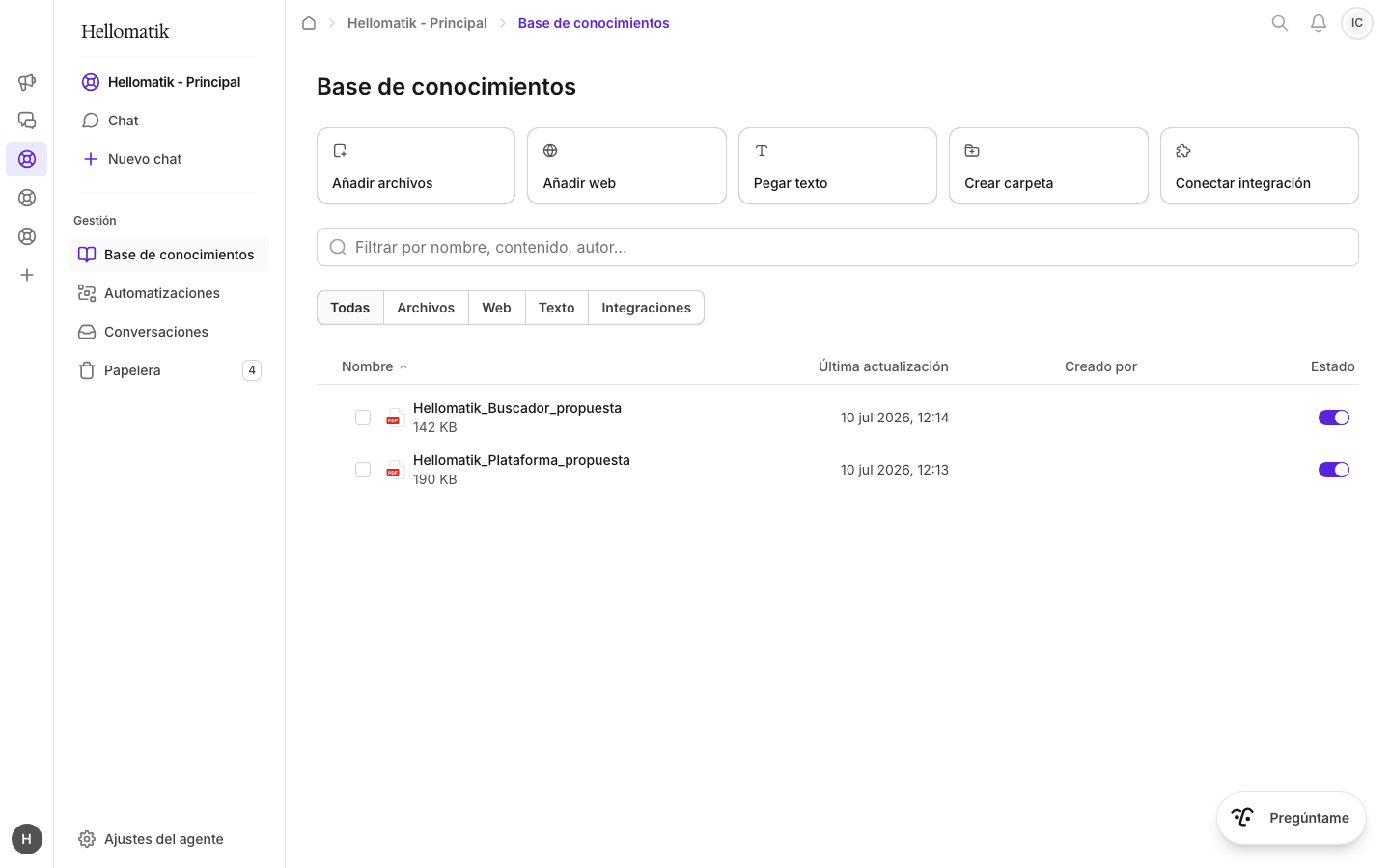 Real screenshot of the platform: the company's knowledge, structured and searchable